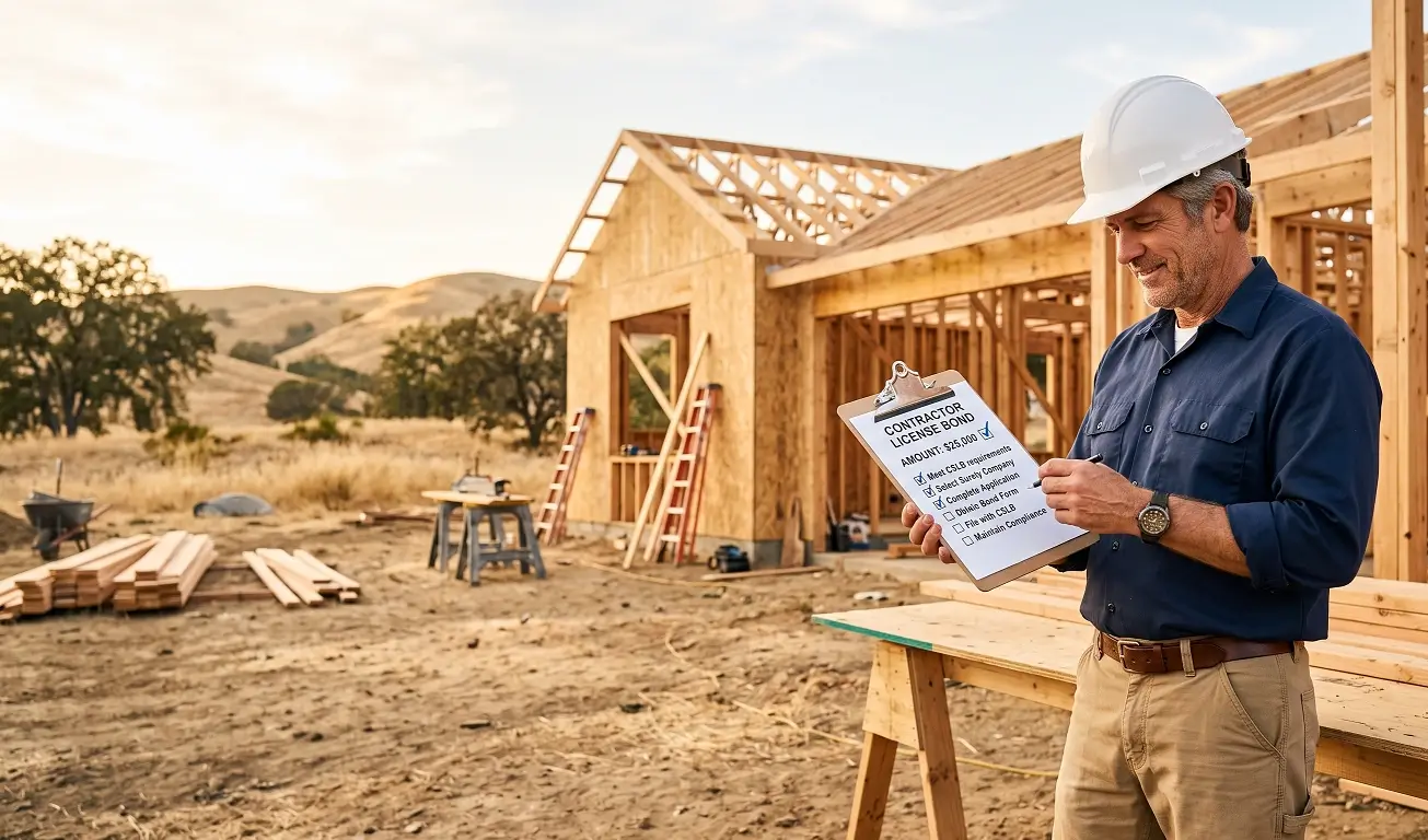 California contractor reviewing a $25,000 contractor license bond checklist at a residential construction site.