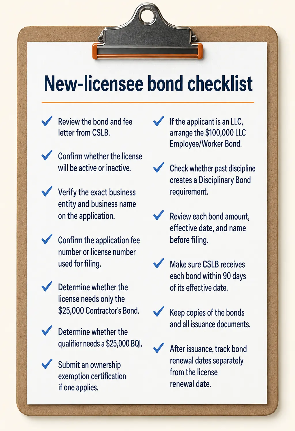 California new-licensee checklist for reviewing CSLB contractor bond requirements.
